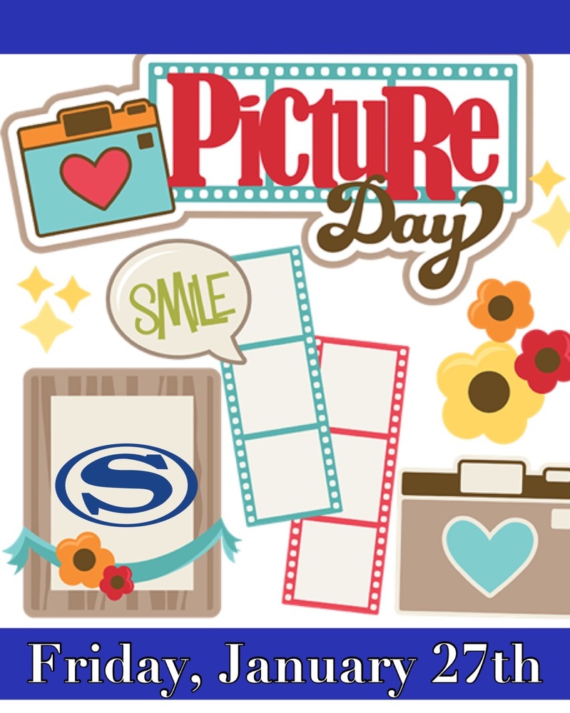 Picture Day Announcement - The date on the flyer is Friday, January 27th and various graphics of photos are displayed